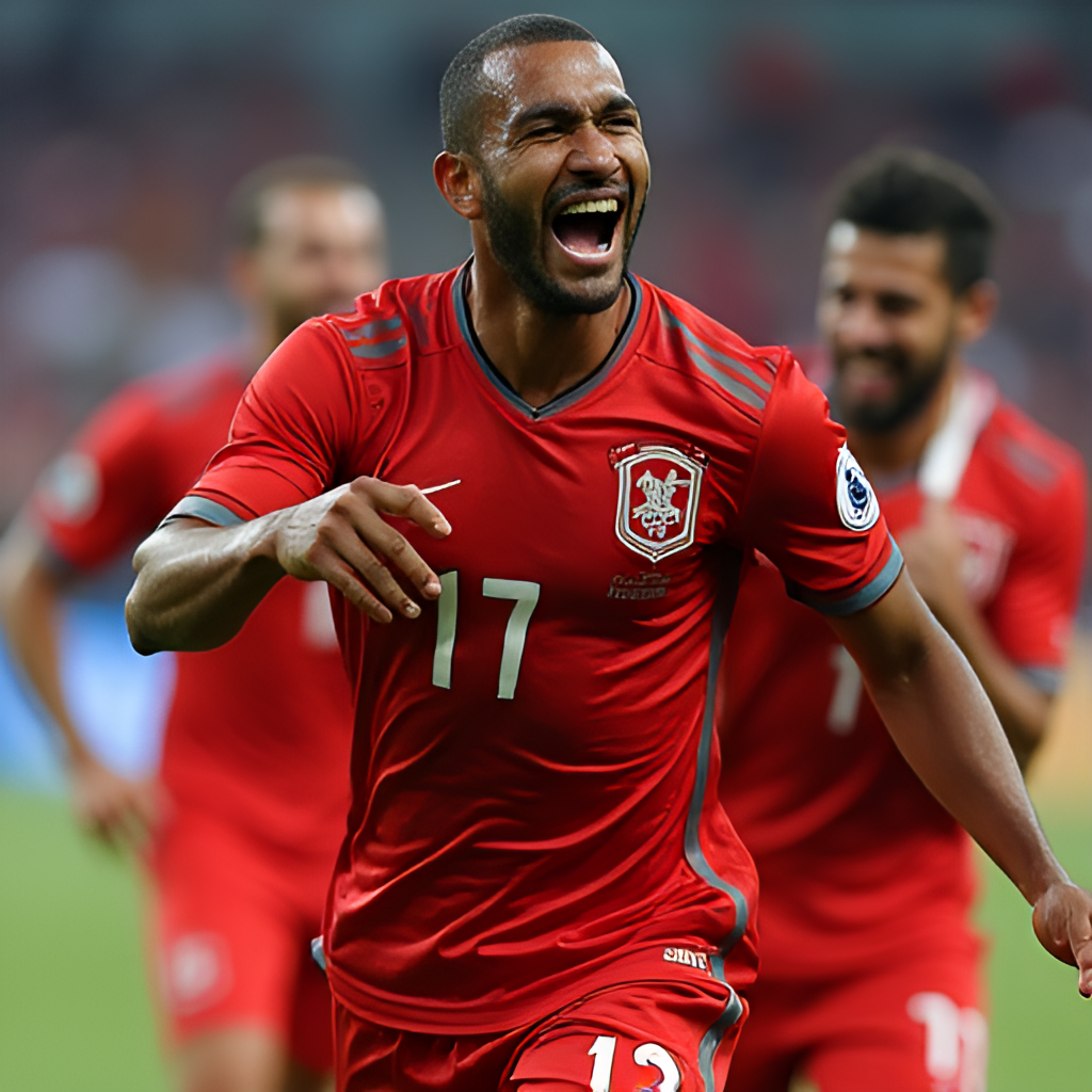 A close-up, dynamic shot photo illustration of a Flamengo player celebrating a goal against Chelsea during the Club World Cup, showing emotion and interaction with teammates.