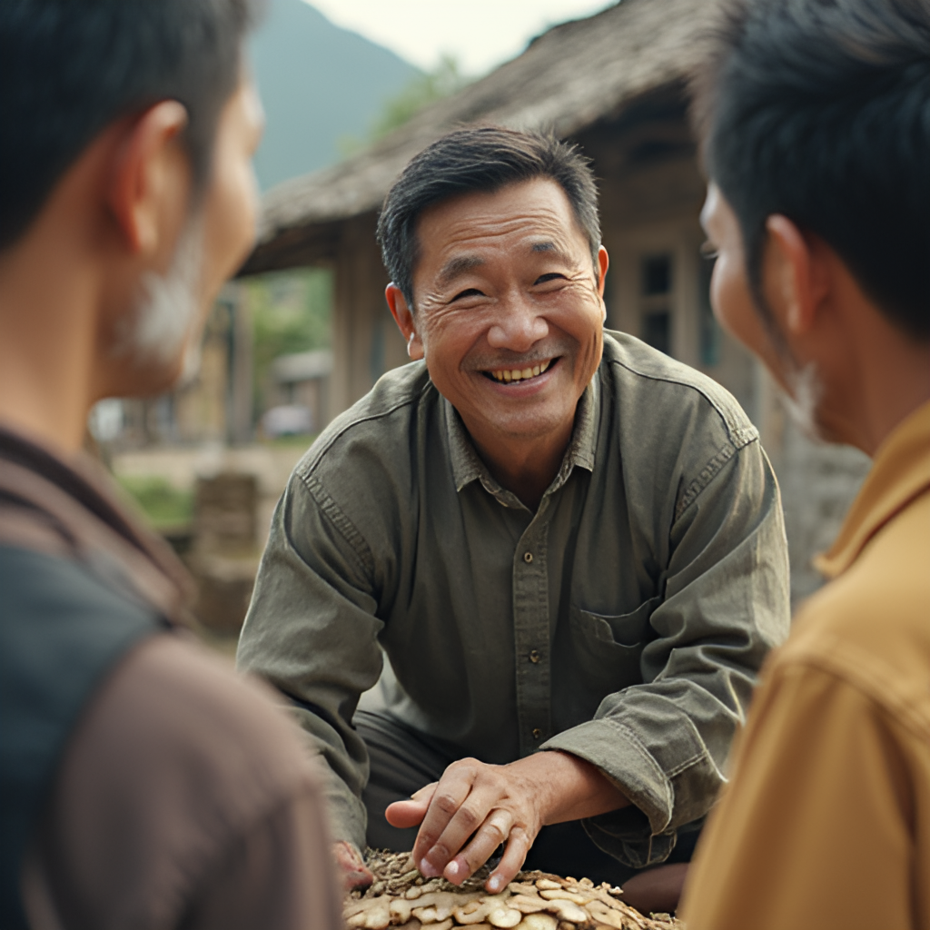 A warm, documentary-style photograph showing Huang Si Tian smiling and talking with a local farmer or artisan in a rural Taiwanese setting, representing his role in the TV show 'Cao Di Zhuang Yuan'.