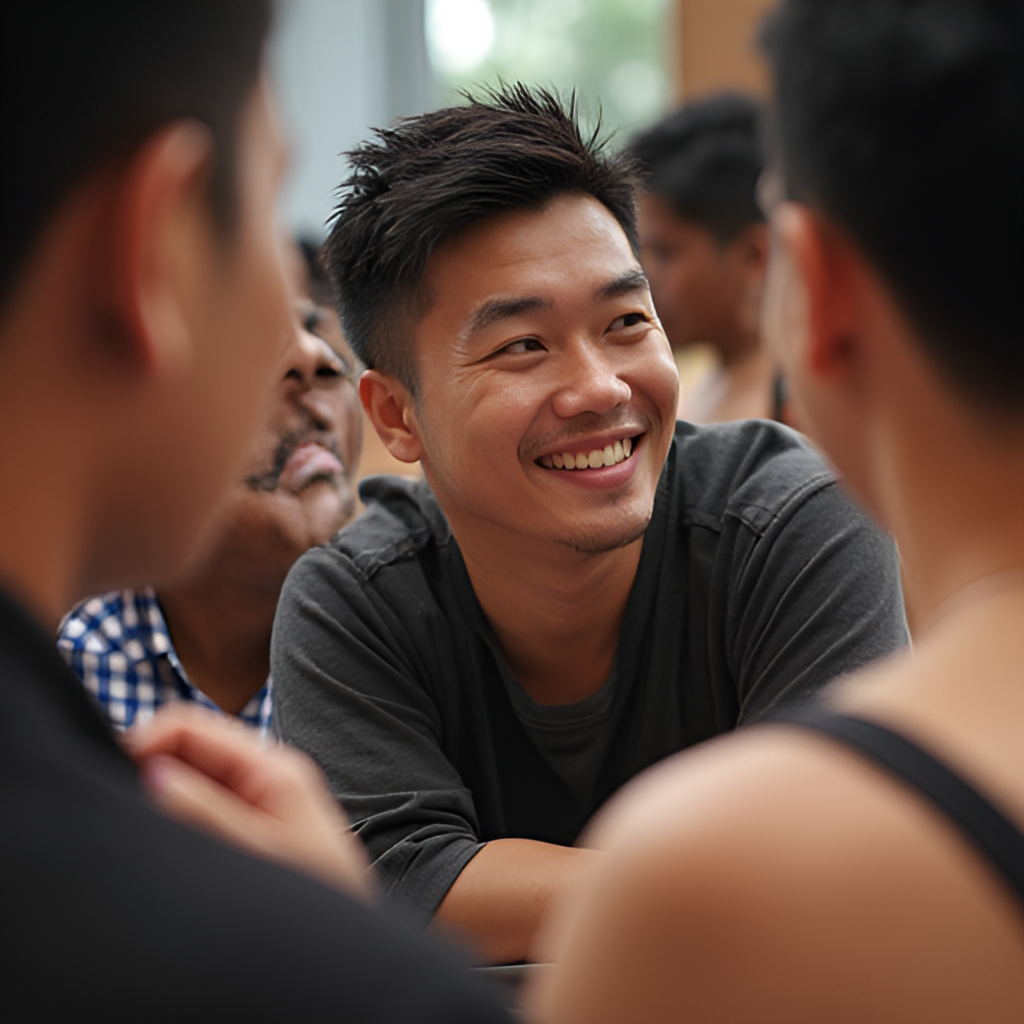 An candid shot of Andrew Tan (陳勢安) interacting with fans during a fan meeting or event, showing his warm and friendly personality with smiles and close engagement.