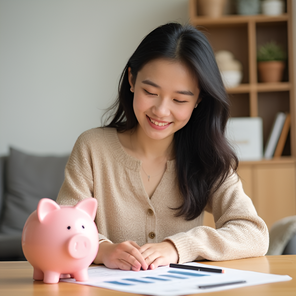 An image illustrating financial planning or a cozy home environment, symbolizing Lai Wei-ju's success in wealth management and achieving her dream of owning a home. Could include elements like a piggy bank, a chart, or a comfortable interior.