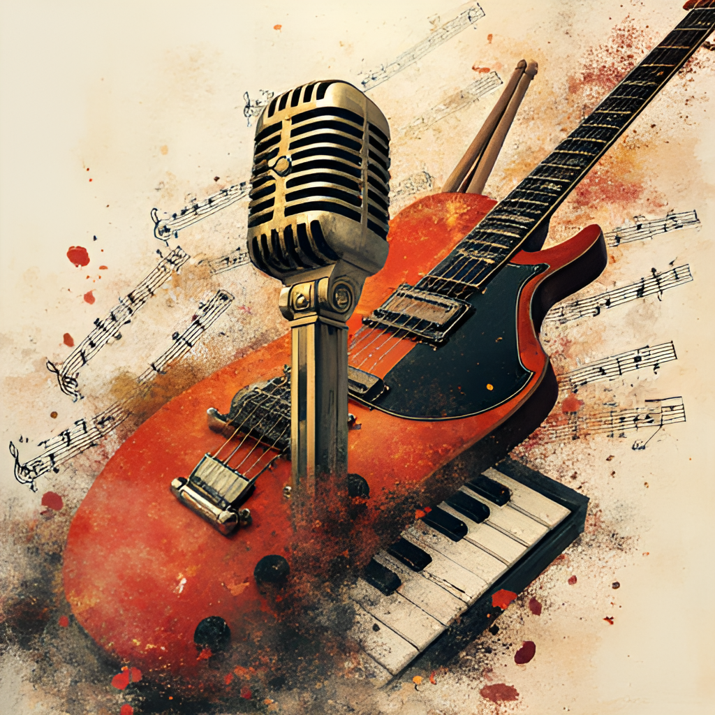 A collage of various musical instruments (microphone, guitar, piano keys, drumsticks) overlaid with musical notes, representing the diversity of music celebrated by the Golden Melody Awards