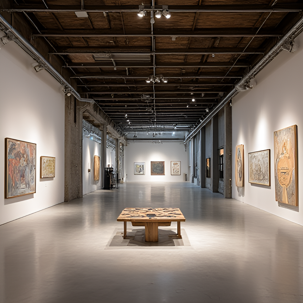 An interior shot capturing the unique atmosphere of an exhibition inside one of Songyan's renovated factory buildings or warehouses, showing a modern art installation or design piece contrasted with the original industrial features of the space, possibly with soft lighting.
