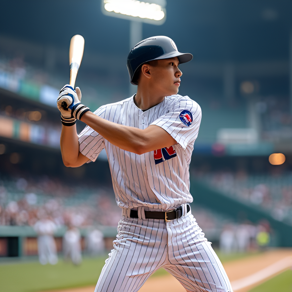 A dynamic action shot of Lee Jung-Hoo in his KBO uniform hitting a line drive, with a blurred baseball stadium background and bright lights.