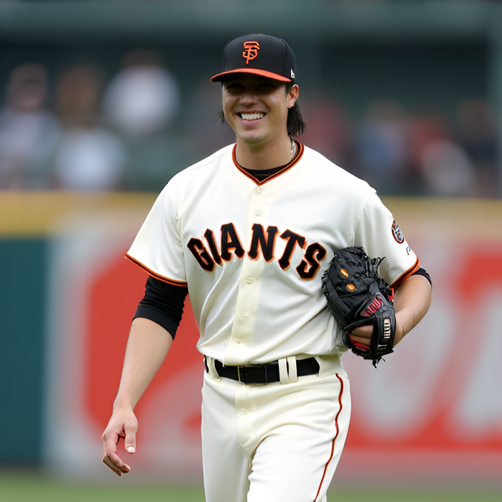 A portrait or action shot of Lee Jung-Hoo in his San Francisco Giants uniform, smiling or making a play in the outfield, with the Giants logo or stadium visible.
