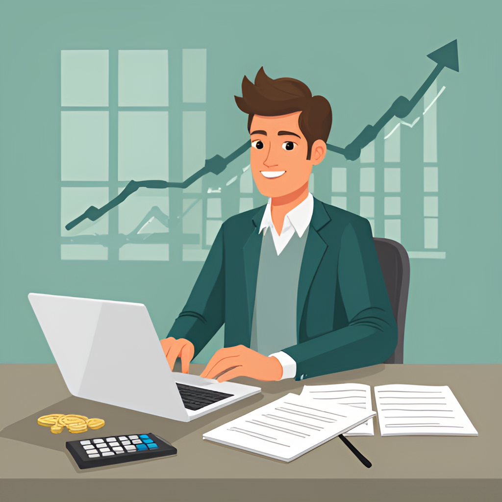 A conceptual image illustrating financial planning after winning a large sum of money. Show a person sitting at a desk with a laptop, a calculator, and documents, possibly with a subtle background graphic of growing money or a diversified portfolio, emphasizing thoughtful management.
