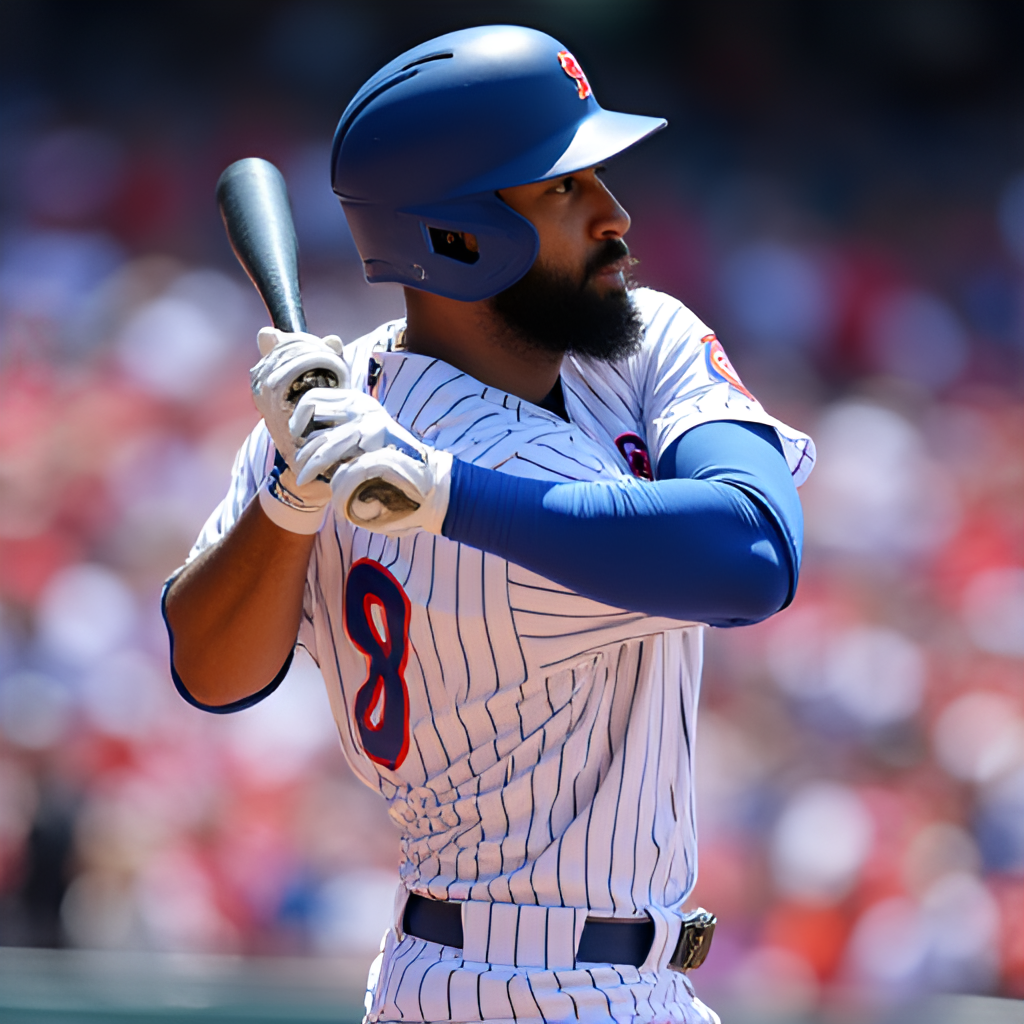 A close-up, focused shot of Amed Rosario at the plate, mid-swing, showing his bat speed and concentration, with a blurred baseball diamond and crowd in the background during a day game.