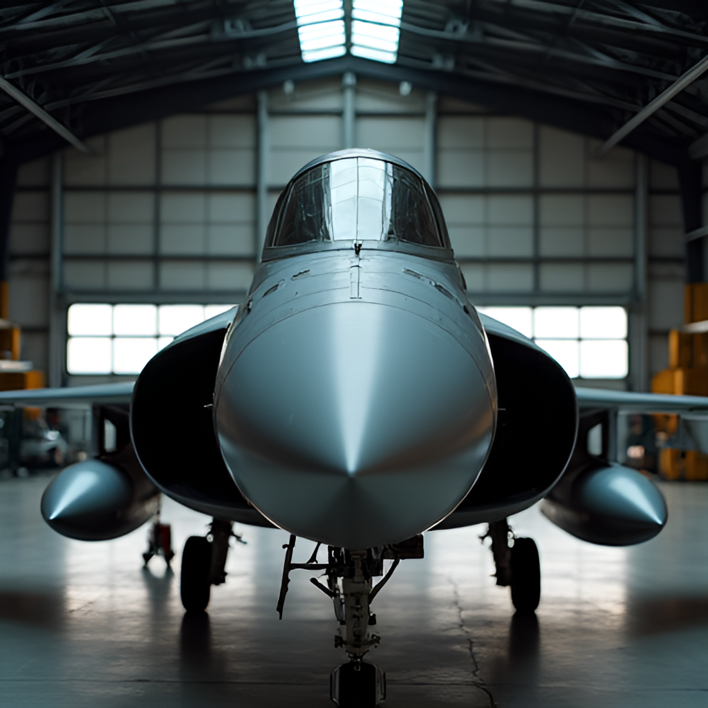 An evocative close-up of the F-104G fighter jet displayed inside one of the refurbished hangars at the Aviation City Museum's '05 Alert Zone'. The lighting should highlight the aircraft's sleek design and historical significance, with a sense of reverence.