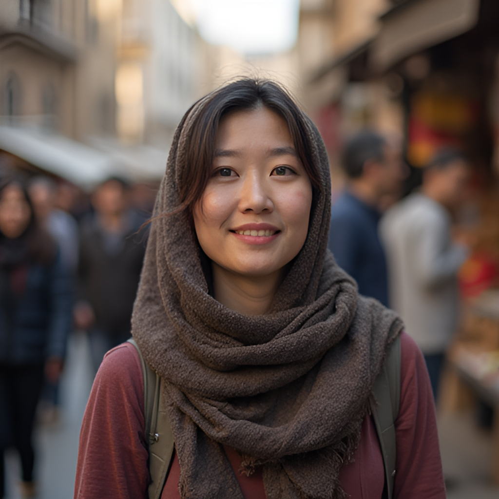 A dynamic shot of Li Wen-yi on location, perhaps in a historical setting like a market in Turkey, wearing a headscarf, looking engaged and curious as she interacts with locals for her 'Disappearing Borders' program. The image should convey a sense of cultural immersion and journalistic exploration.