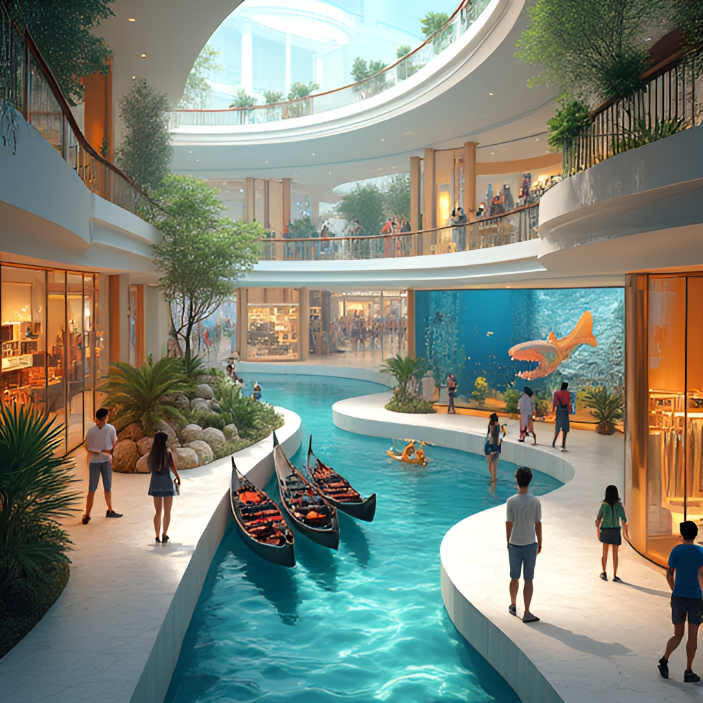 A dynamic illustration showcasing the unique themed areas within a Grand Far Eastern Department Store, such as a Venice canal replica with gondolas or an interactive digital marine exhibit. People are enjoying the environment, highlighting the 'experiential shopping' aspect, with elements of technology and artistic design.